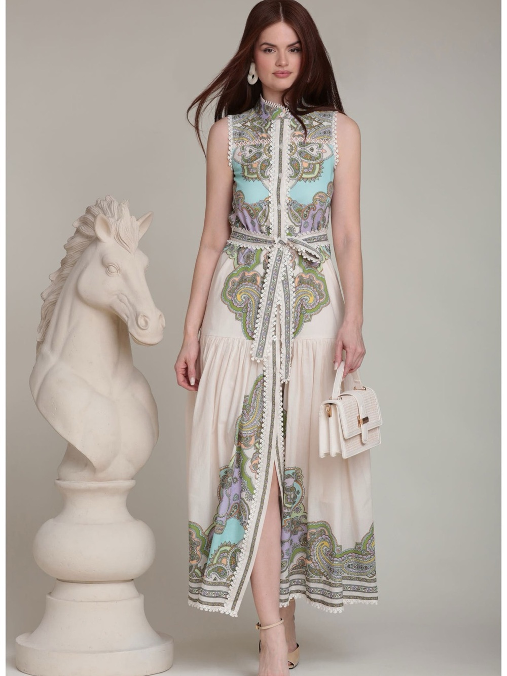 Avec Les Filles Placed Paisley Lace Trim Cotton Maxi Dress size S NEW